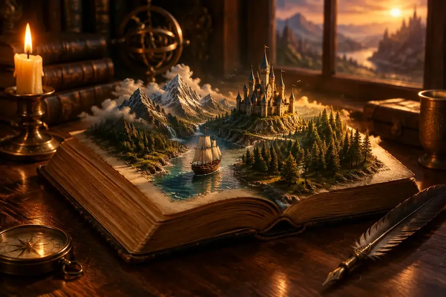 Открытая книга, из страниц которой вырастает мир