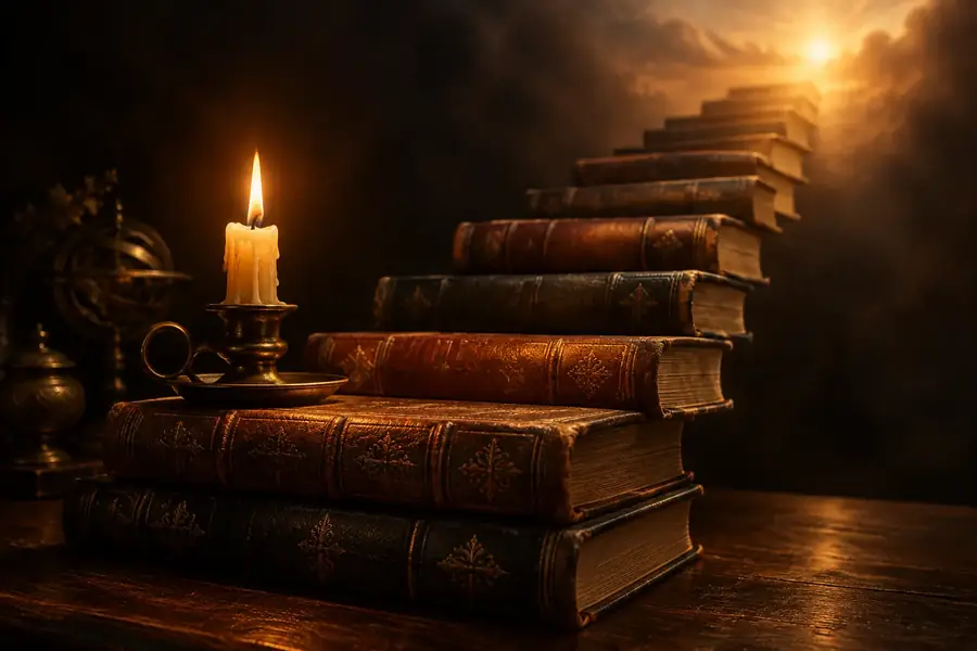 Стопка книг и свеча, из страниц складывается лестница вверх
